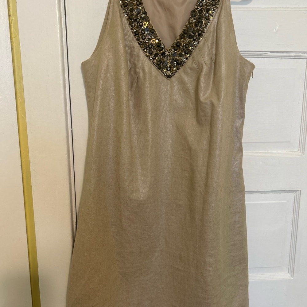 Worthington Linen Blend Dress Ecru Gold Shimmer Size 10 Sleeveles Lined Beaded